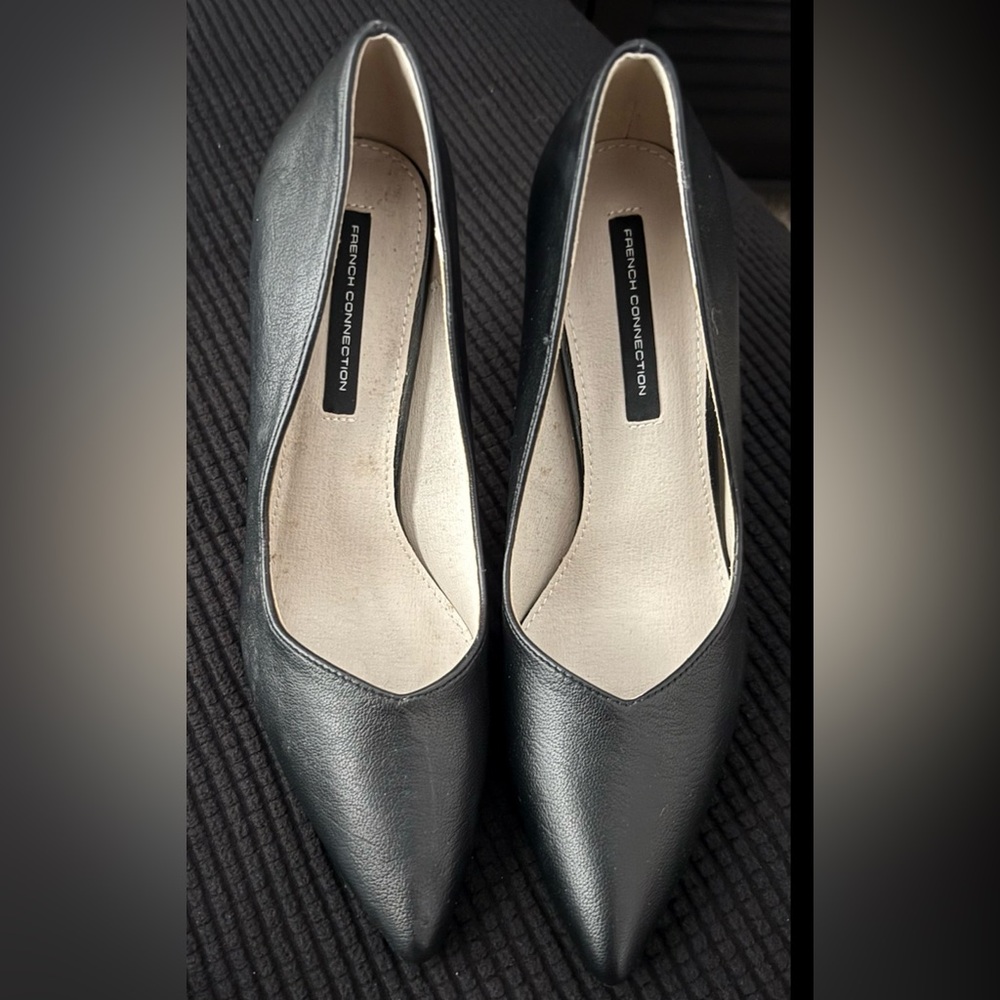 French Connection Black Leather Pumps with Gold Heels